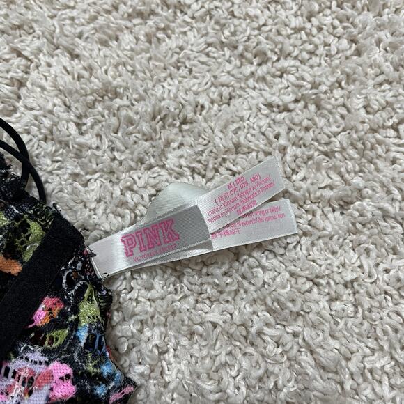 Victoria's Secret PINK Medium Black Vibrant Floral Lace Strappy Smocked Bralette - Picture 5 of 7